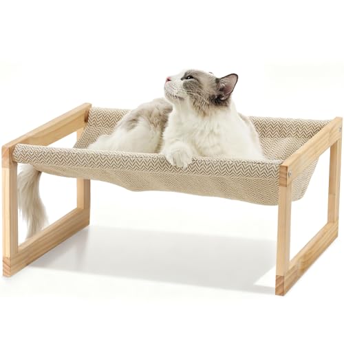 FUKUMARU Dog Bed, Large Breathable Elevated Cat Hammock, Wooden Cat Beds for Outdoor and Indoor, 21 Inch Raised Pet Beds Suitable for Cats, Puppy, Bunny and Small Animal - color: Beige