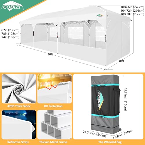 COBIZI 10x30 Pop Up Canopy Tent with Patented Center-Lock, Easy Setup Party Tent with 5 Removable Sidewalls, Wheeled Bag, Ventilated Top, for Wedding Backyard Event, White - color: White, size: 10x30ft With 5 Sidewalls