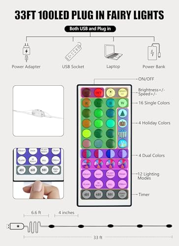 Minetom Upgraded Color Changing Fairy String Lights - 33 ft 100 LED 24 Colors USB Silver Wire Lights with Remote and Timer for DIY Bedroom Party Indoor Christmas Decoration, Adapter Included - color: 24 Colors, size: 33 FT