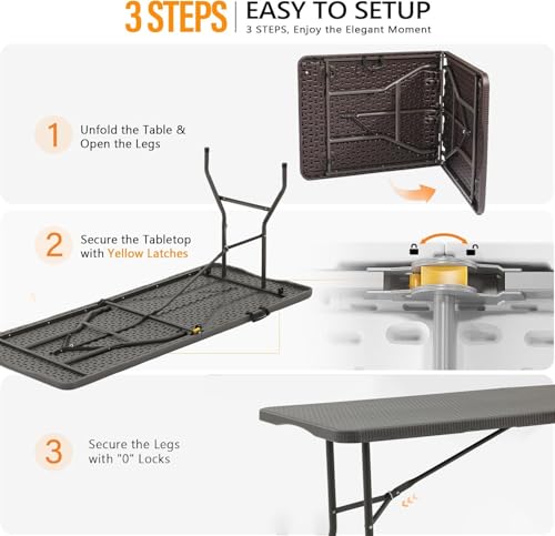 6FT Heavy Duty Folding Table,Fold-in-Half Portable Plastic Table with Carry Handle, Rattan-Pattern HDPE Tabletop,Indoor Outdoor Utility Table for Watch Party,Tailgate,BBQ,Events, Backyard Dining–Brown - color: Brown-rattan, size: 6FT