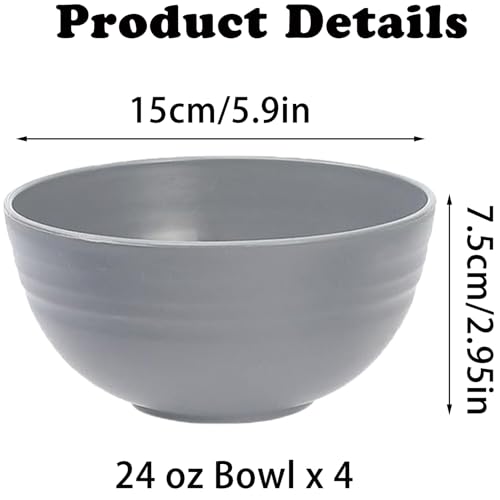Unbreakable Wheat Straw Cereal Bowls Set of 4, 24 OZ Microwave and Dishwasher Safe Lightweight Soup and Salad Bowl Sets, Reusable Dessert Bowls for Rice, Pasta, Snack, Fruit, BPA Free (Gray) - color: 4 Gray