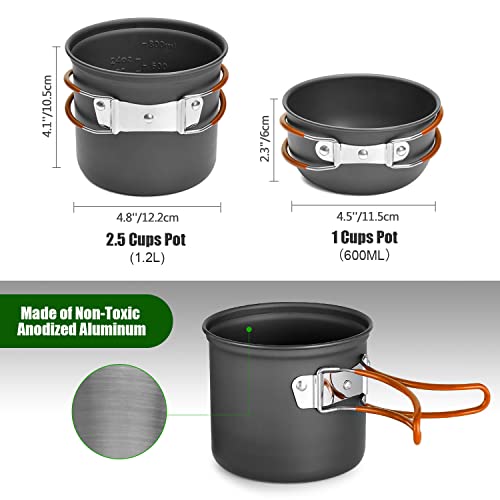 Odoland Camping Cookware Stove Carabiner Canister Stand Tripod and Stainless Steel Cup, Tank Bracket, Fork Spoon Kit for Backpacking, Outdoor Camping Hiking and Picnic - color: Orange