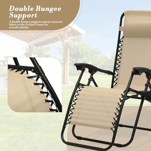 Athena Collection Zero Gravity Outdoor Lounge Chair Set of 2 with Side Table, 25" Width Pool Lounge Lawn Chairs Reclining with Cup Holder, Outdoor Chaise for Beach Patio Backyard Outside, Beige - color: Beige, style: 25" Width