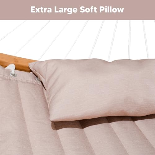 SUNCREAT 55 Inch Large Double Hammock with Stand, 450lbs Capacity, Outdoor Portable Hammock with Curved Spreader Bar, Extra Large Pillow, Tan - color: Tan