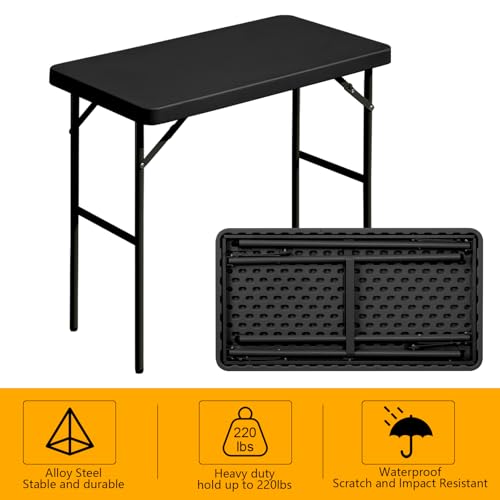 Folding Table 2.7ft Rectangular All-Occasion Plastic Folding Event Table for Indoor and Outdoor, Portable Desk, Camping, Durable and Stable, HDPE and Steel, Wide Application, Black - color: Black, size: 2.7ft