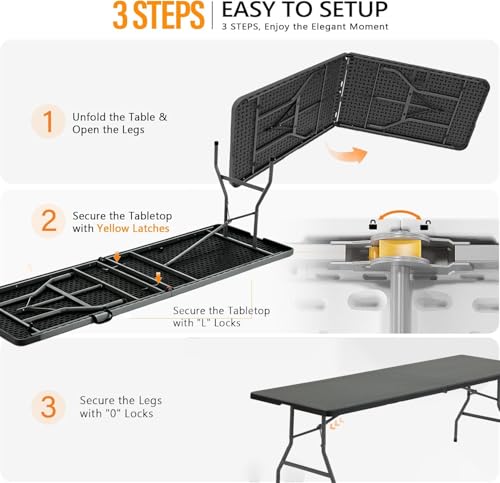 8FT Heavy Duty Folding Table,Fold-in-Half Portable Plastic Utility Table with Carry Handle&Locking Legs,Indoor Outdoor Table for Party,Tailgate,BBQ,Camping,Events,Backyard Dining–Black - color: Black, size: 8FT