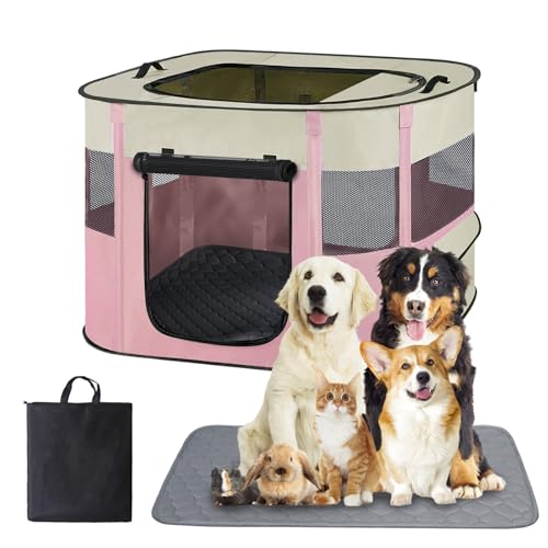 Portable Dog Cat Playpen with Waterproof Pad,Collapsible Pet Puppy Kitten Crate,Foldable Small Animals Kennel Cage for Indoor Outdoor Travel Camping,Water-Resistant Breathable Shade Cover (Pink M) - color: Pink, style: Medium(32*24*22)