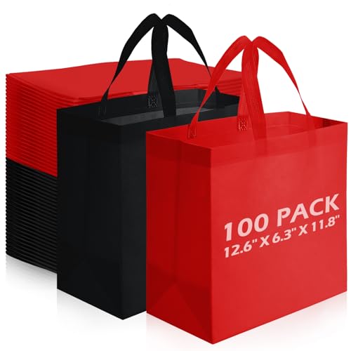 Reginary 100 PCS Reusable Totes Bags - Non Woven Grocery Handle Bags for Shop Events & Retail Store(Red,Black) - color: Red,black