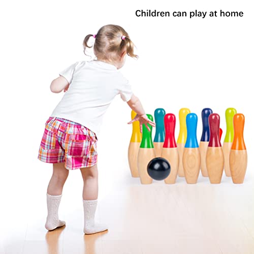 Wooden Bowling Game, Garden Game Set with 10 Pins 3 Balls and Mesh Bag for Kids Adults, Indoor Outdoor Lawn Backyard Activity