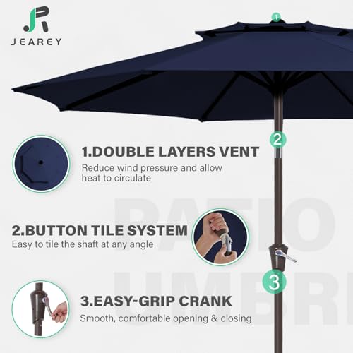 JEAREY 9 ft 2-Tiers Patio Umbrellas Outdoor Table Market Umbrella w/Push Button Tilt/Crank, 8 Sturdy Ribs, UV Protection Waterproof Sunproof(Navy Blue) - color: Navy Blue