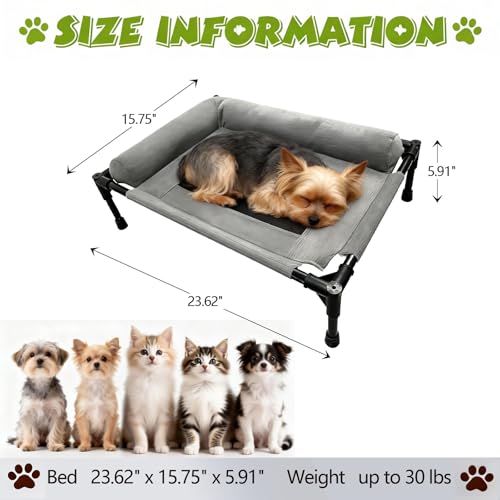 Raised Dog Beds for Small Dogs, Cooling Indoor Outdoor Elevated Bolster Dog Cot Hammock with Metal Frame Breathable Mesh, Portable Dog Sofa Camping Dog Bed (23.62" L x 15.75" W x 5.91" H - color: Smoky Gray, size: 23.69*15.75*5.91
