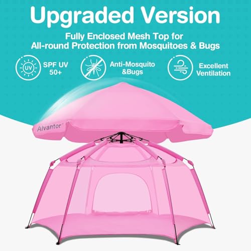 Alvantor® Pop Up Playpen 7'x7'x44”Baby Playpens Large Kids Play Tent Portable, Foldable Playpen Indoor/Outdoor Mesh Play Yard, Infant Mosquito Net, UV SPF 50+ Sunshade, Soft Foam Floor, Pink - color: Pink, style: Upgraded with top mesh*6