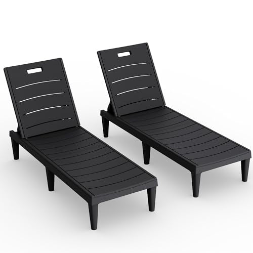 Devoko Outdoor Chaise Lounge Chair Set of 2 with 5-Position Adjustable Back, Waterproof & Lightweight PP Lounge Chairs for Outside Pool Patio (Black) - color: Black, size: 72 in Depth