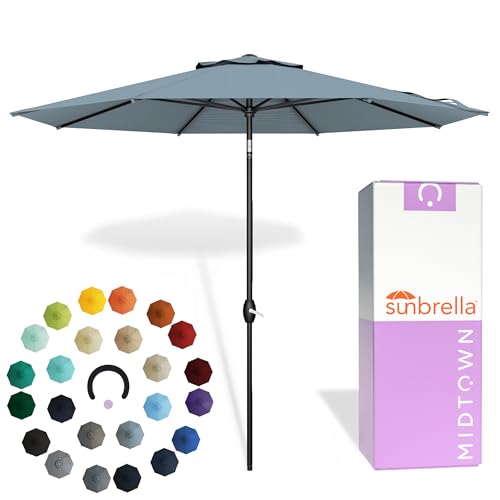 Midtown Umbrellas - The Lean 10 Ft Patio Umbrella with Fade-Resistant Sunbrella Fabric, Auto-Tilt Aluminum Frame and 8 Reinforced Ribs for Deck, Pool & Garden - Canvas Glacier Canopy, Black Pole - color: Sunbrella Canvas Haze, size: 10 Feet
