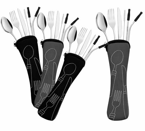 Travel Utensils Set with Case 4 Pack, Reusable Stainless Steel Portable Cutlery (Fork, Spoon, Knife, Straws & Cleaner) for Work, Dorm, Camping, Lunch Box, Compact Durable Silverware by Ecoberi - color: Black-Grey