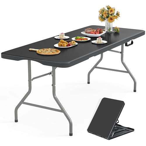 8Ft Foldable Table Portable Plastic Folding Table with Safety Locks, Lightweight & Durable for Parties, Dining, Weddings, Events, Picnics,Indoor & Outdoor Use (Black, 8FT) - color: Black, size: 8Ft