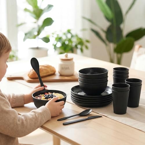 36 Pcs Wheat Straw Dinnerware Set,Dinnerware Sets for 6,Large Round Plates, Bowls and Cups, Unbreakable dish set, Dishwasher and Microwave Safe, Outdoor Camping Dishes (Black) - color: Black