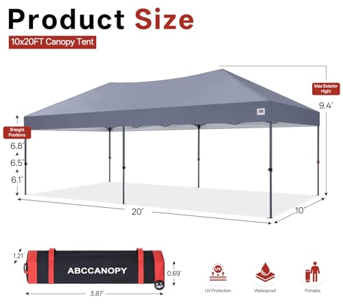 ABCCANOPY 10x20 Pop Up Canopy Tent, Easy Setup Instant Shelter with Wheeled Bag, Heavy Duty Outdoor Canopy for Beach, Market, Backyard, UV Protection, Outdoor Weather Protection (Light Gray, 10x20) - color: Light Gray, size: 10x20