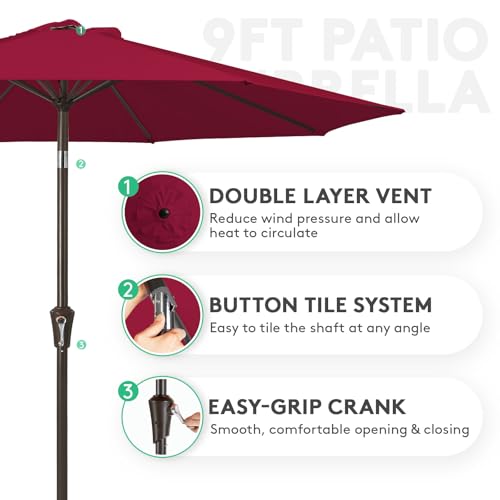 JEAREY 9FT Outdoor Patio Umbrella Outdoor Table Umbrella with Push Button Tilt and Crank, Market Umbrella 8 Sturdy Ribs UV Protection Waterproof for Garden, Deck, Backyard, Pool (Brick Red) - color: Dark Red