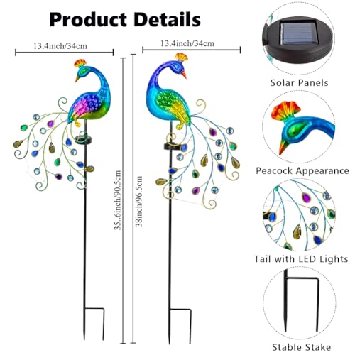 DREAMSOUL 2 Pack Peacock Solar Lights Outdoor, Waterproof Metal Peacock Outdoor Solar Lights for Yards Pathway Lawn Decoration Peacock Gifts - color: Colorful-2pack