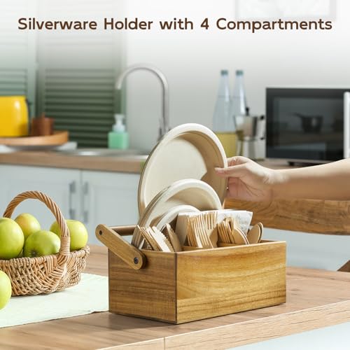 Acacia Paper Plate Dispenser, Paper Plate Holders with Handle, Picnic Silverware Caddy for Party, Cutlery Holder for Countertop, Wood Utensil Organizer for Home Kitchen & RV