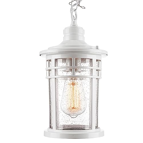 Darkaway Outdoor Pendant Lights for Porch, Outdoor Chandelier Hanging Porch Lights Ceiling Mount Aluminum with Seeded Glass for Front Porch Gazebo Patio (Medium, White) - color: White, size: Medium Size
