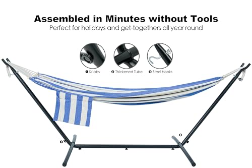 GAFETE Double Hammock with Stand for Outside, Upgraded Spreader Bar, Heavy Duty Space Saving Steel Stand 2 Person, Convenient Pockets, 600lbs Weight Capacity, Indoor & Outdoor (Blue & White) - color: Blue & White