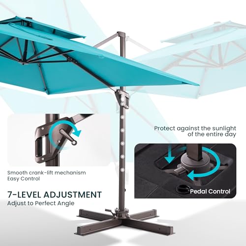 10x10 FT Cantilever Patio Umbrella Double Top Outdoor Square Large Heavy Duty Aluminum Offset Umbrellas with 7 Level Tilt 360-degree Rotation for Pool Garden Deck, Turquoise - color: Turquoise, size: 10' X 10' - Umbrella Only