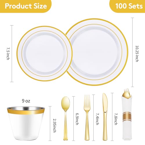 Goodluck 700 Piece Gold Plastic Dinnerware Set for 100 Guests, Disposable Plates for Party, Include: 100 Dinner Plates, 100 Dessert Plates, 100 Pre Rolled Napkins with Silverware, 100 Cups - color: Gold, style: 700 Piece (100 guests)