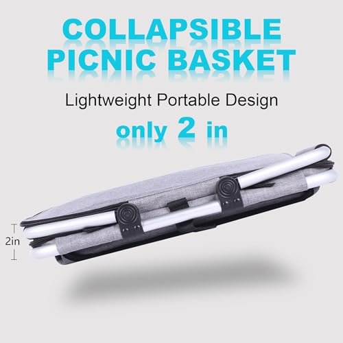 Picnic Basket, SIYUAN Collapsible Shopping Basket Insulated with 2 Handles 27L Large Cooler with Lid Portable Folding Grocery Market Tote Bag, Grey - color: Gray