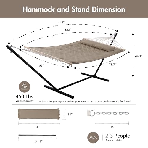 ANOW 2 Person Hammock with 12FT Stand, Heavy Duty Hammock with Stand for Outdoors, 450 LBS Weight Capacity, Light Brown - color: Light Brown, size: 2 Person With Stand