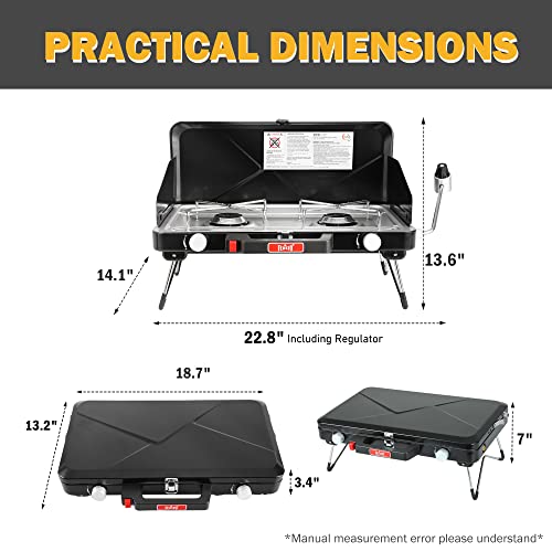 Feasto 2 Burner Propane Camping Stove with Folding Legs, Outdoor Portable Camp Stove with Push-Button Ignition & Wind Guards for Camping, Tailgating, BBQ, & More, Black - color: Black