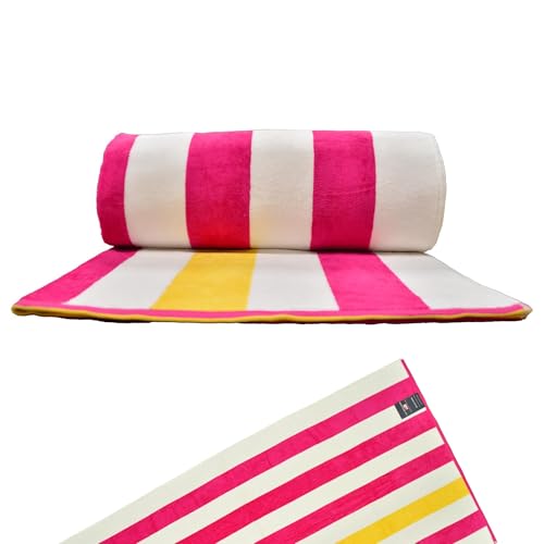 U.S. POLO ASSN. Oversized (40” x 70”) Striped Nautical Design Beach Towel - Luxury Plush Cotton Hotel Quality for Bath, Pool - Cabana Stripe Fuchsia/Yellow - color: Cabana Stripe Fushia/Yellow, size: 40" x 70"