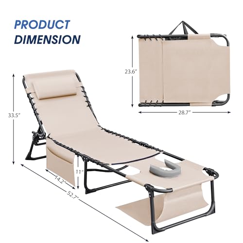 Flamaker Face Down Chaise Lounge Chair 5-Position Adjustable Sunbathing, Foldable Tanning Chair with Face& Arm Holes, Outdoor Recliner Chair for Pool, Beach, Patio, Lawn (Beige, 1 Pcs) - color: Beige, style: Sauna, 1 Pcs