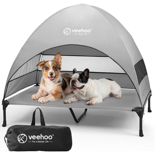 Veehoo Outdoor Dog Bed with Canopy, Cooling Elevated Pet Cot with Removable Shade, Non-Slip Feet, Raised Dog Cot for Large Dogs, Pet Tent Bed for Camping, Beach, XLarge, Grey, CWC2411 - color: Grey, size: 49.0"l X 33.0"w X 42.5"th