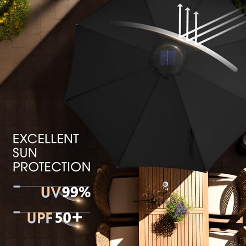 wikiwiki 9FT Solar Led Patio Umbrella with Base Included, 32 LED Lights, 8 Sturdy Ribs, Fade Resistant Waterproof POLYESTER DTY Canopy for Garden, Lawn, Deck, Backyard & Pool, Black - color: Black, size: 9FT