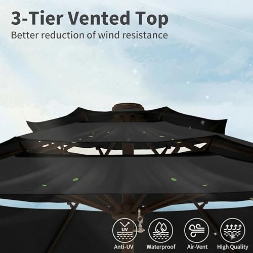 10FT Patio Umbrella 3 Tiers Outdoor Market Umbrella w/Push Button Tilt, Crank, UV and Waterproof Table Umbrella for Garden, Pool, Backyard, Deck, Lawn, Black - color: Black