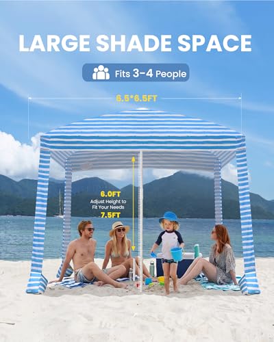 Qipi Beach Cabanas for Sand, Beach Canopy with Sandbags & Side Wall for Family, Easy Set Up Sun Shelter, UPF 50+ UV Protection with Roof Vent - color: 6.5' x 6.5' Blue Stripes Dual-Fold