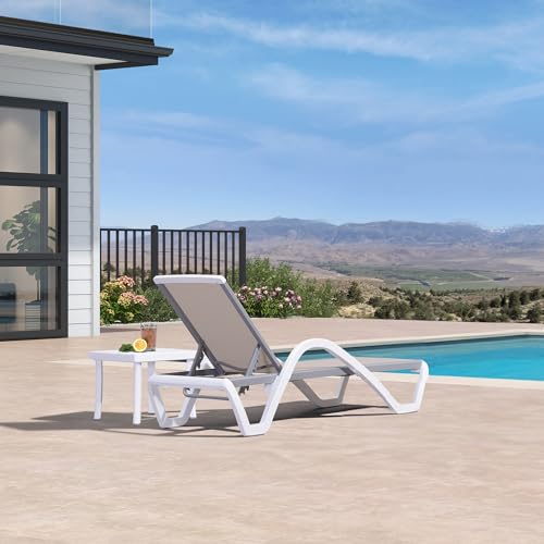 PURPLE LEAF Patio Chaise Lounge Chair Set Outside Aluminum Plastic Stackable Tanning Chairs with Armrests and Side Table for Pool Sunbathing Beach Deck Outdoor Lounger, Khaki - color: Khaki, style: 1 chair(w/Arms) + 1 table