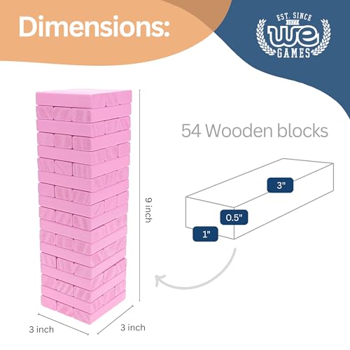 WE Games Wooden Block Stacking Party Game for Adults, Tumble Tower Wedding Guest Book Alternative, Tabletop Games, Includes Storage Case, 12 inches - color: Pink