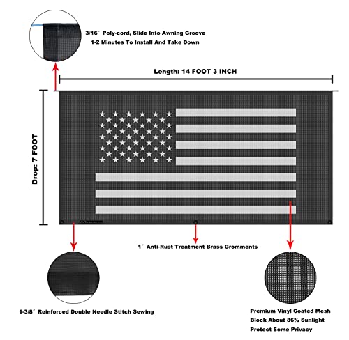 Tentproinc RV Awning Sun Shade Screen 7' X 14' 3'' (American Flag) Black Mesh Sunshade Camper Trailer Awning Shade Screen UV Blocker Completed Kits - color: Flag-Black, size: 7' x 14'3'' -Actual Measurement