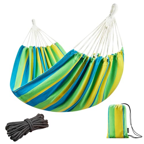 JoyView Brazilian Double Hammock with Hanging Ropes Extra Large 86.6x59” Portable Cotton Hammock for Patio Backyard Porch 450LBS Weight Capacity Perfect for Outdoor/Indoor - Light Green/Yellow Stripe - color: Light Green/Yellow Stripe