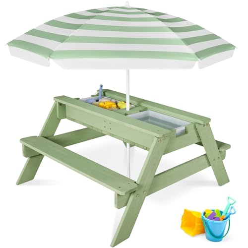 Best Choice Products Kids Picnic Table with Umbrella, 3-in-1 Sand & Water Table, Outdoor Convertible Picnic Table for Toddlers, Seats 4, Removable Top, 2 Buckets - Sage - color: Sage