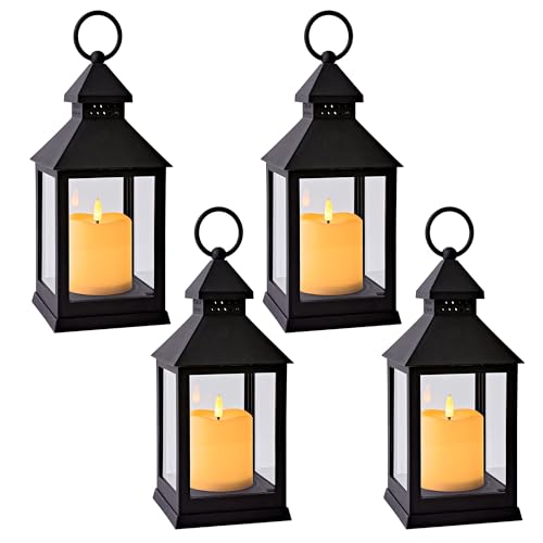 Vintage Lantern Decorative LED Flickering Flameless Candle with Timer, Battery Powered LED Decorative Hanging Lanterns for Indoor Outdoor Garden Yard Home Decor(4 Pack) - color: Black, size: 4Pack