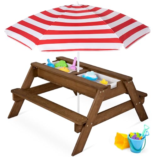 Best Choice Products Kids Picnic Table with Umbrella, 3-in-1 Sand & Water Table, Outdoor Convertible Picnic Table for Toddlers, Seats 4, Removable Top, 2 Buckets - Walnut/Red - color: Walnut/Red