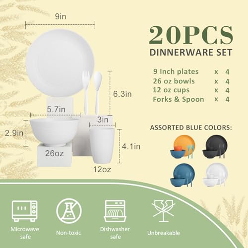 Wrova Wheat Straw Dinnerware Sets with Flatwares,20-piece Dishwasher Safe Kitchen Plates and Bowls Set,Unbreakable Modern Dish Set Apartment Essentials and Dorm Essentials.(White) - color: White, size: 20 Pack