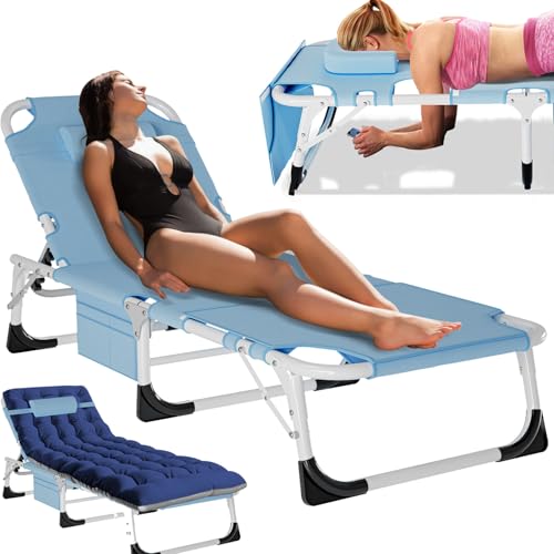 MOPHOTO Tanning Chair, Outdoor Sunbathing Lounge Chair 5-Position, Folding Chaise Lounger, Sun Tanning Lounger with Face Hole, Perfect for Pool Beach Patio - color: Light Azure, style: Sunbather Lounge