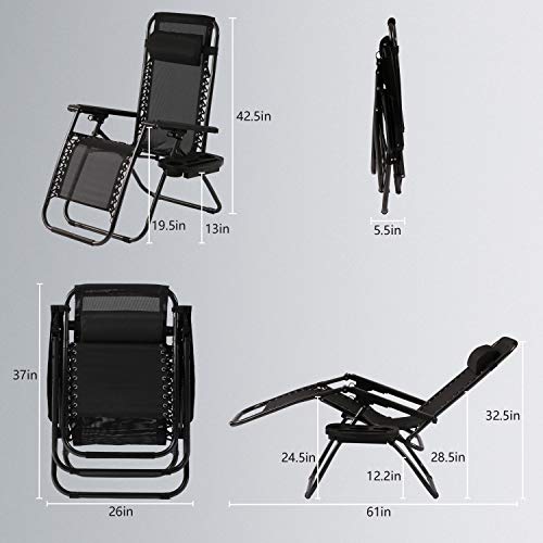 Meet perfect Folding Zero Gravity Chair Padded Outdoor Reclining Lounge Chair Wide Armrest Adjustable Pillow and Utility Tray Mesh Antigravity Chair Steel Frame Laydown Lawn Chair(Black)