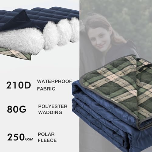 DUKUSEEK Large Outdoor Blanket, Camping Blankets for Cold Weather, Waterproof Windproof Hooded Stadium Blanket 79"x59" Quilted with Extra Thick Fleece, Great for Camping, Picnic, Beach, Car, Dogs - color: Navy Blue Outer With Blue Plaid Fleece
