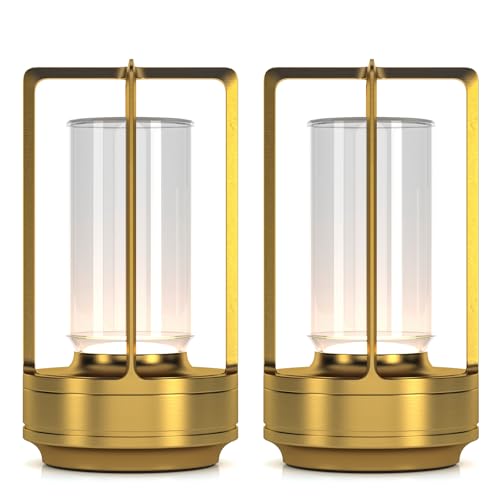 Portable Metal Table Lamp for Indoor/Outdoor ,Rechargeable Cordless LED Lamp, 3-Colour Infinitely Dimming Battery Powered Small Desk Lamp, Restaurant/Bedroom/Bar/Coffee/Camping Light (Gold Set of 2) - color: Gold Set of 2